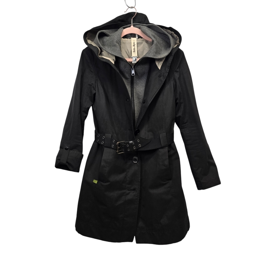 Soia & Kyo Black Trench Coat with Lined Hood, Rain Coat, Car Coat XXS